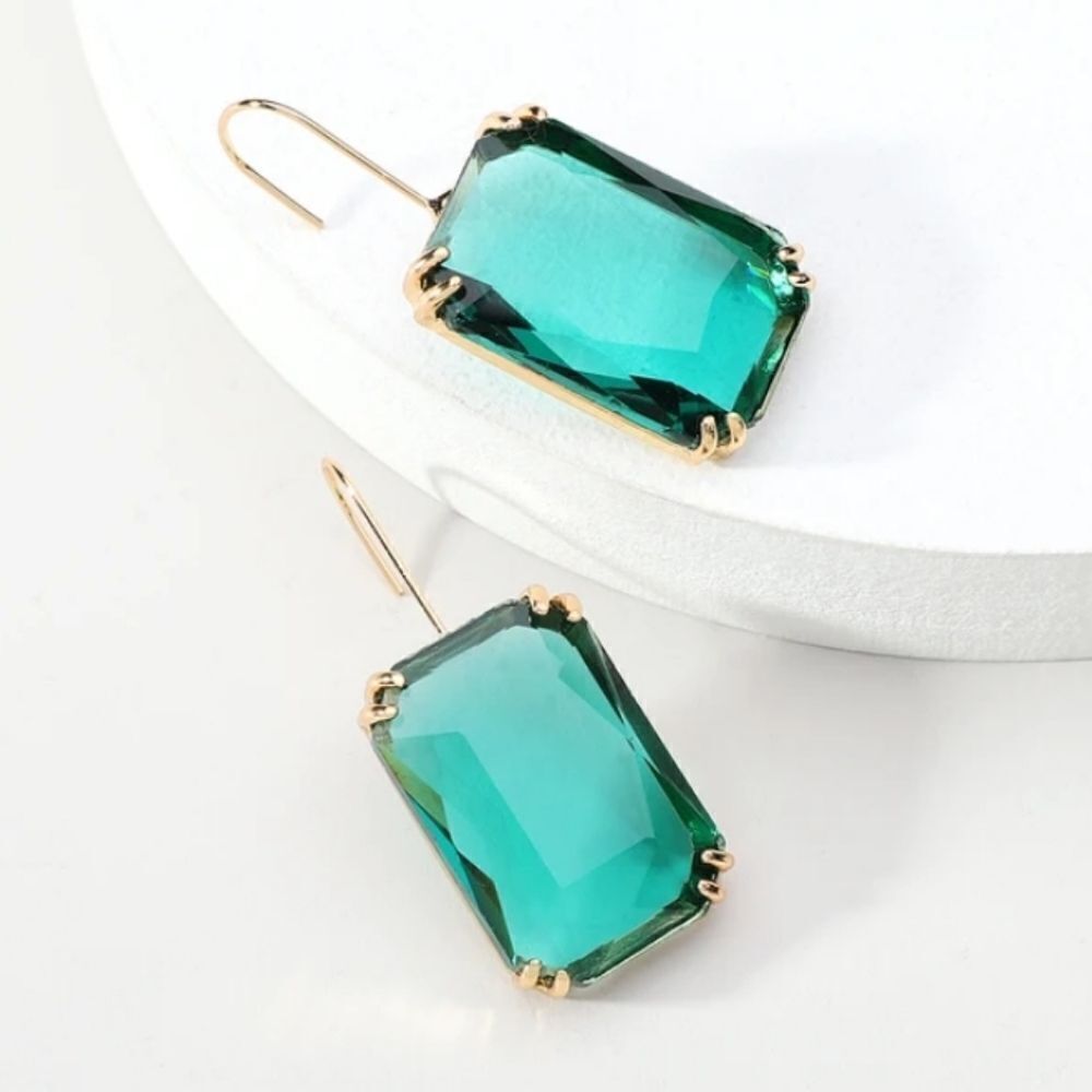 Square Iridescent Green Square Crystal Earrings